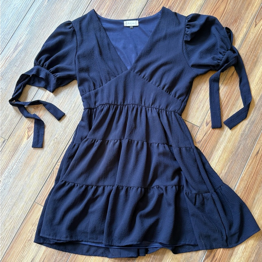 Navy, puff sleeved, Tiered, Mini Dress